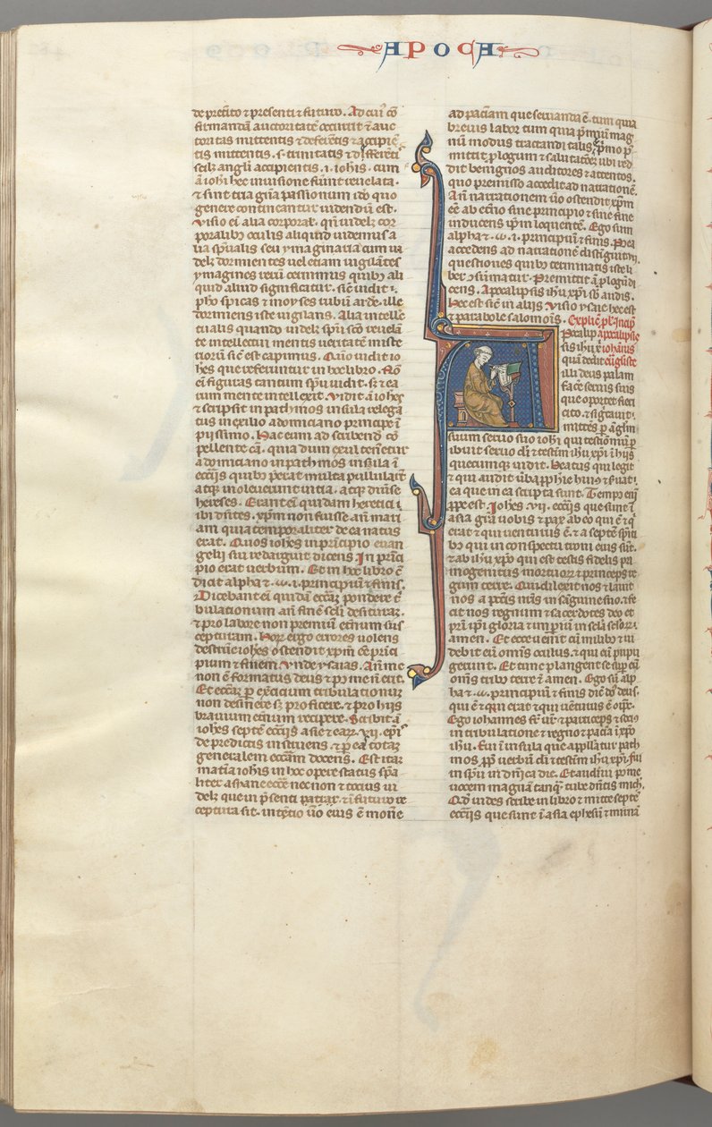 Fol. 482v, Offenbarungen, historiierte Initiale A, Johannes sitzt an einem Schreibtisch und schreibt... von Unbekannt