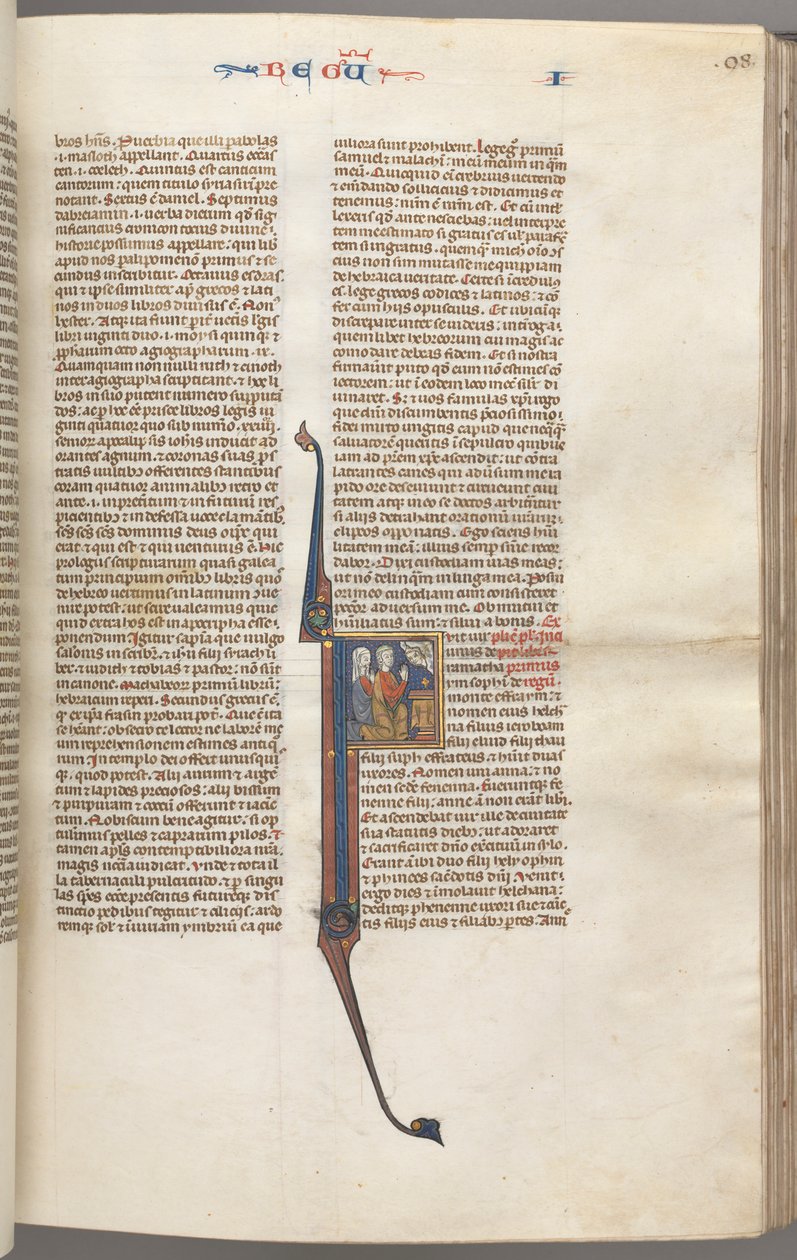 Fol. 98r, Könige I, historiierte Initiale F, Elkanah und Hannah knien vor einem Altar..., ca. 1275-13 von Unbekannt