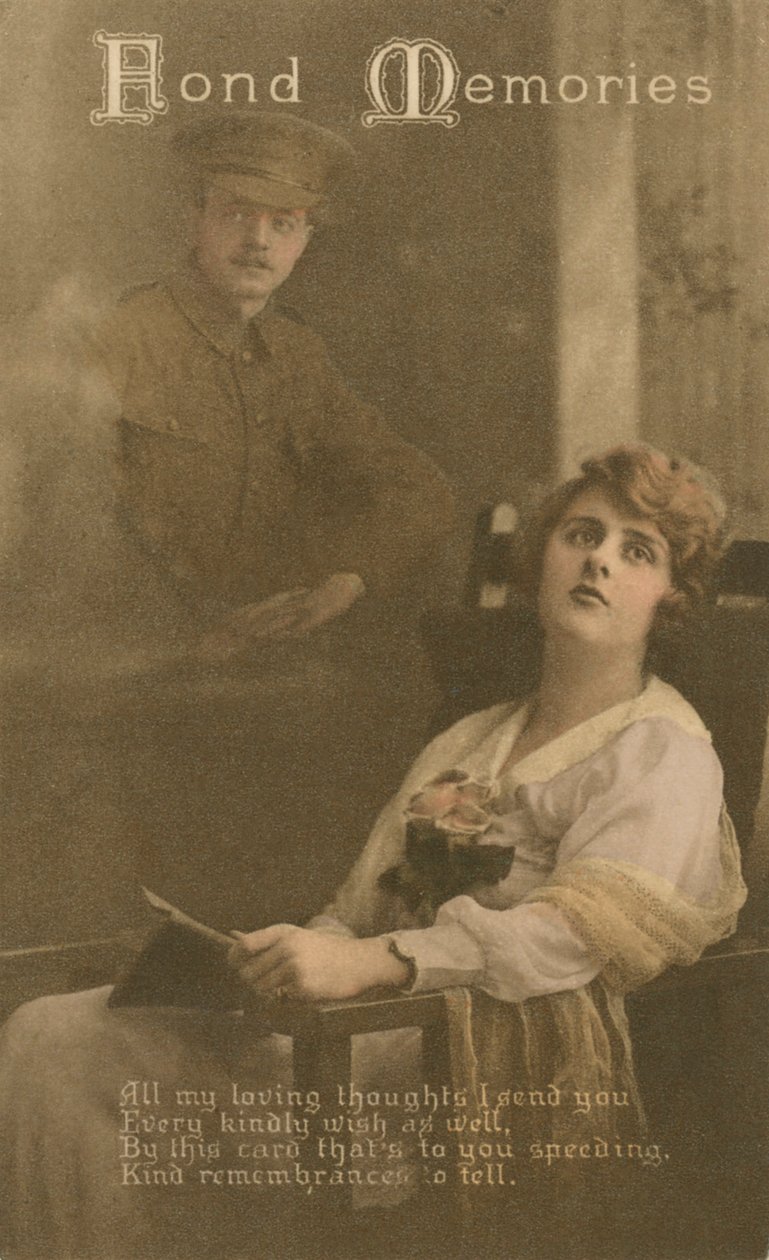 Schöne Erinnerungen, romantische Postkarte von einem Soldaten an seine Geliebte von Unbekannt