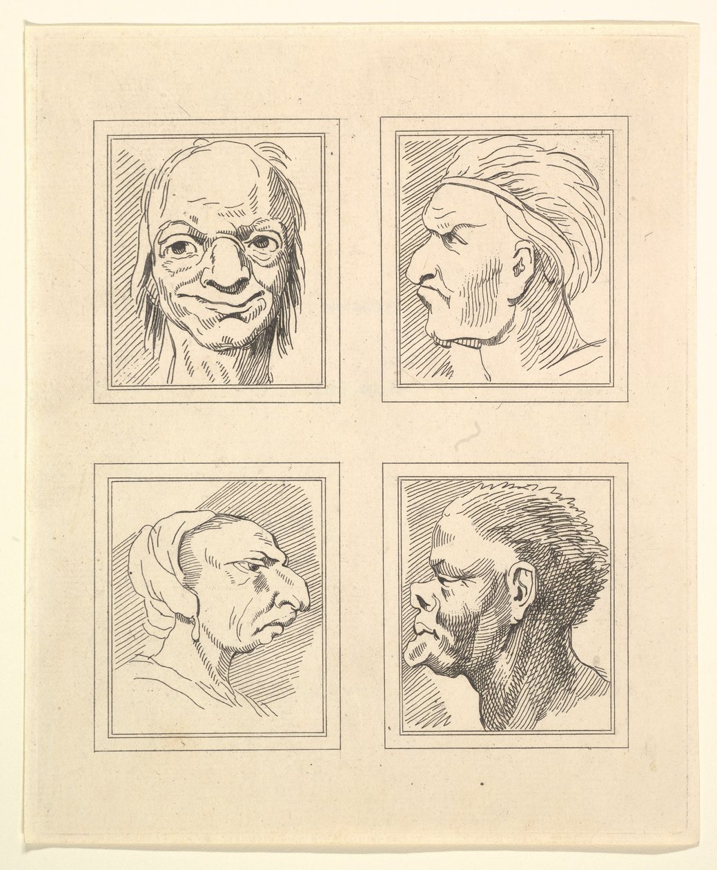 Vier Köpfe aus Characaturas von Leonardo da Vinci, nach Zeichnungen von Wincelslaus Hollar, 1786 von Unbekannt