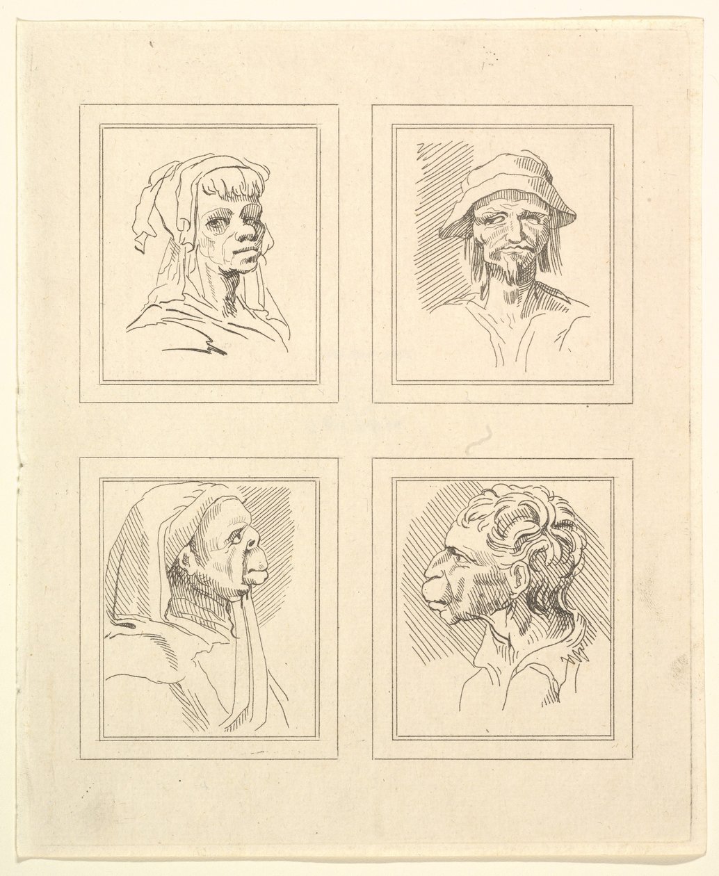 Vier Köpfe aus Karikaturen von Leonardo da Vinci, nach Zeichnungen von Wincelslaus Hollar von Unbekannt