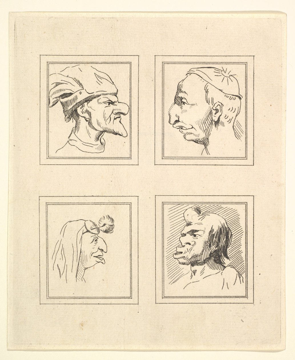 Vier Köpfe aus Characaturas von Leonardo da Vinci, aus Zeichnungen von Wincelslaus Hollar, 1786 von Unbekannt