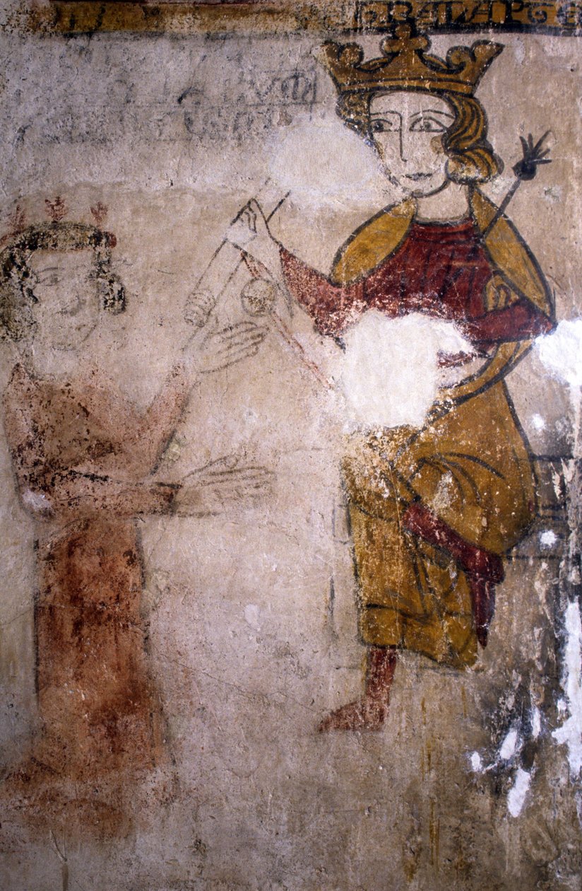 Fresko des Ferrande-Turms in Pernes-les-Fontaines (Pernes les Fontaines, Vaucluse (84)) aus dem 13. Jahrhundert: Karl I. von Anjou (1227-1285), dem der Leichnam von Manfred I. von Sizilien oder Hohenstaufen (ca. 1232-1266) gebracht wird. von Unbekannt