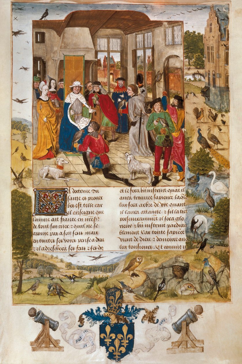 Deutscher Kaiser Friedrich II. von Hohenstaufen, umgeben von Falknern, Miniatur von Unbekannt