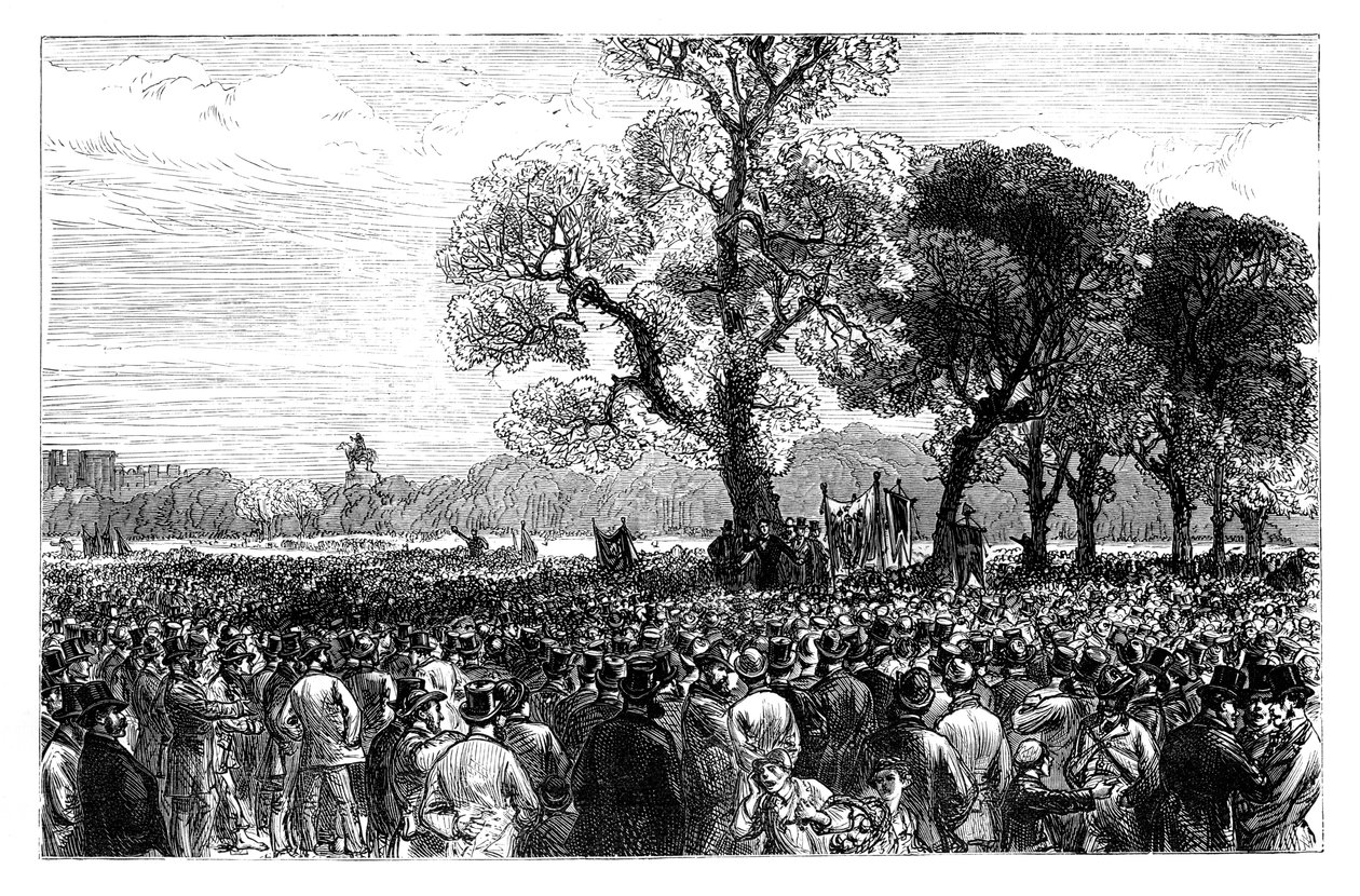 Große Demonstration am Reformers Tree im Hyde Park, London, Mitte des 19. Jahrhunderts von Unbekannt