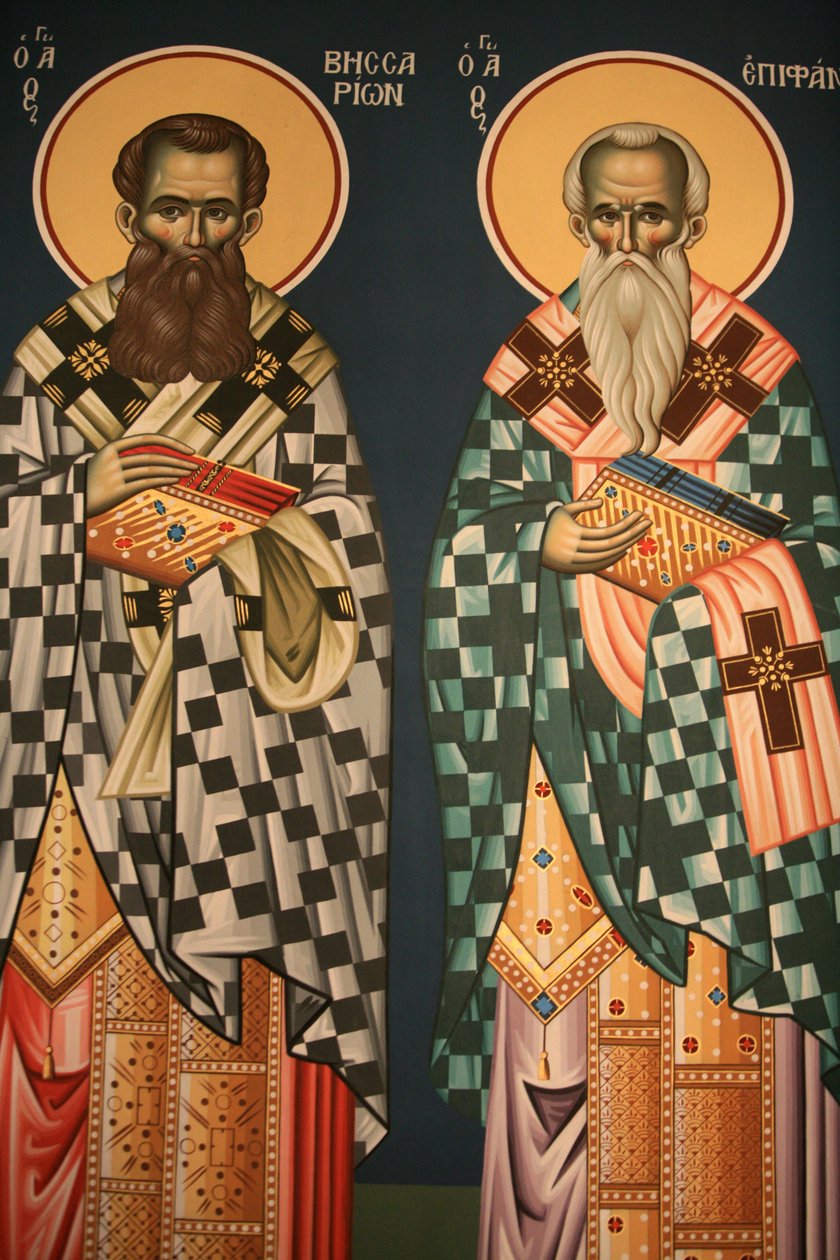 Griechisch-orthodoxe Ikone, die den Heiligen Vissarion und den Heiligen Epiphanios darstellt, Thessaloniki, Griechenland von Unbekannt