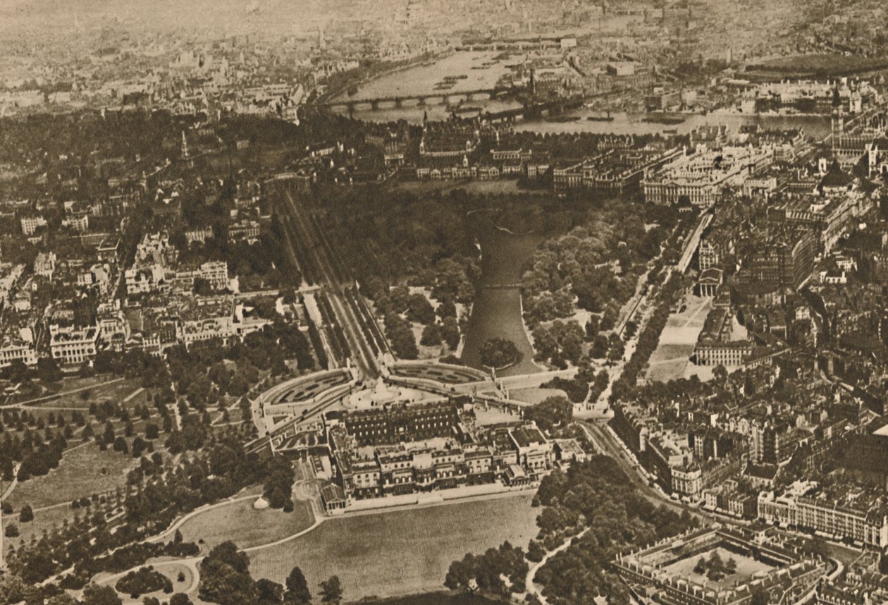 Grüne Wälder am Wasser von Westminster: Teil des Herrenhauses von Hyde unter dem Flügel des Doppeldeckers von Unbekannt