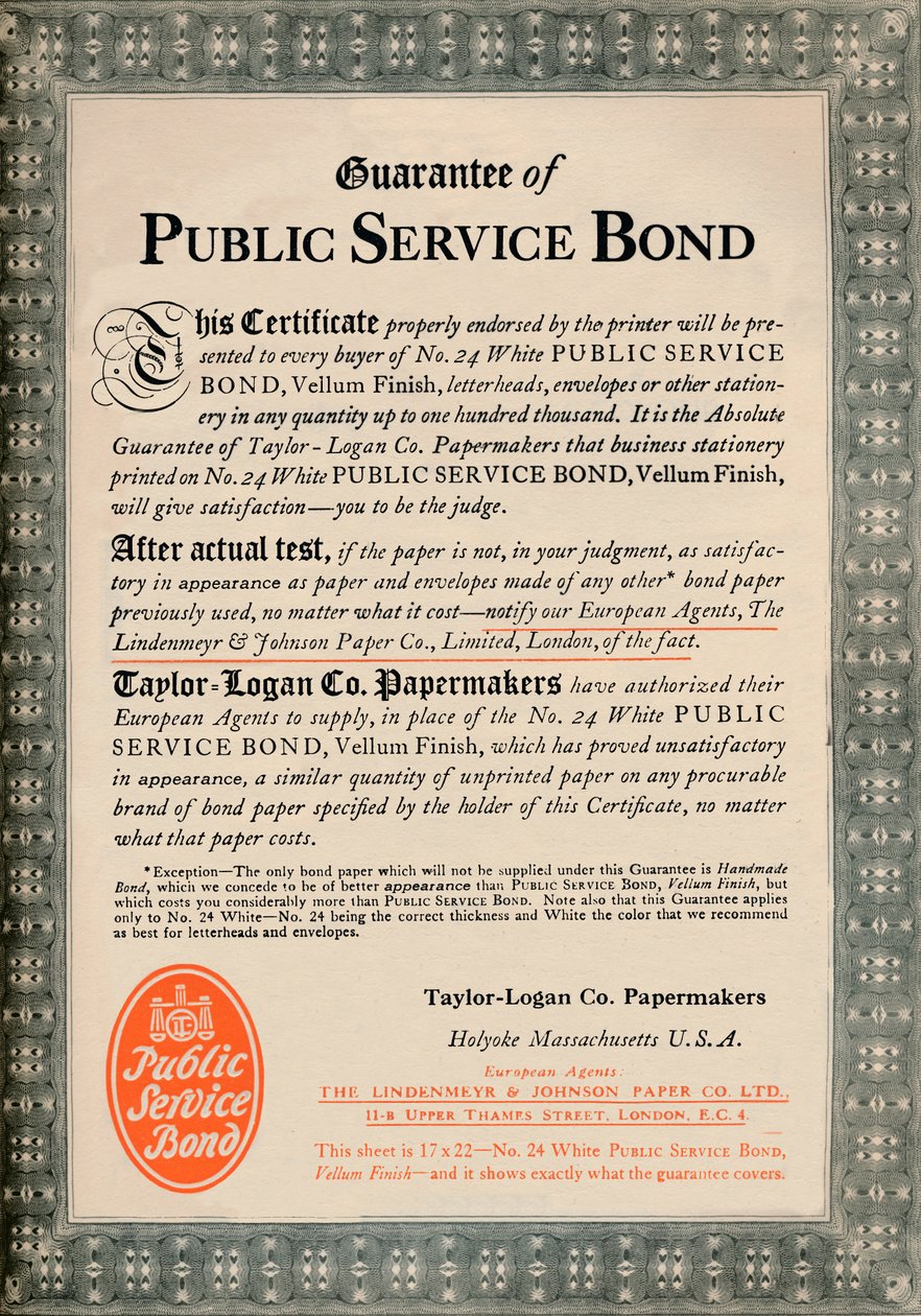 Garantie der öffentlichen Dienstleistungsanleihe - Taylor-Logan Co. Papermakers Werbung, 1919 von Unbekannt