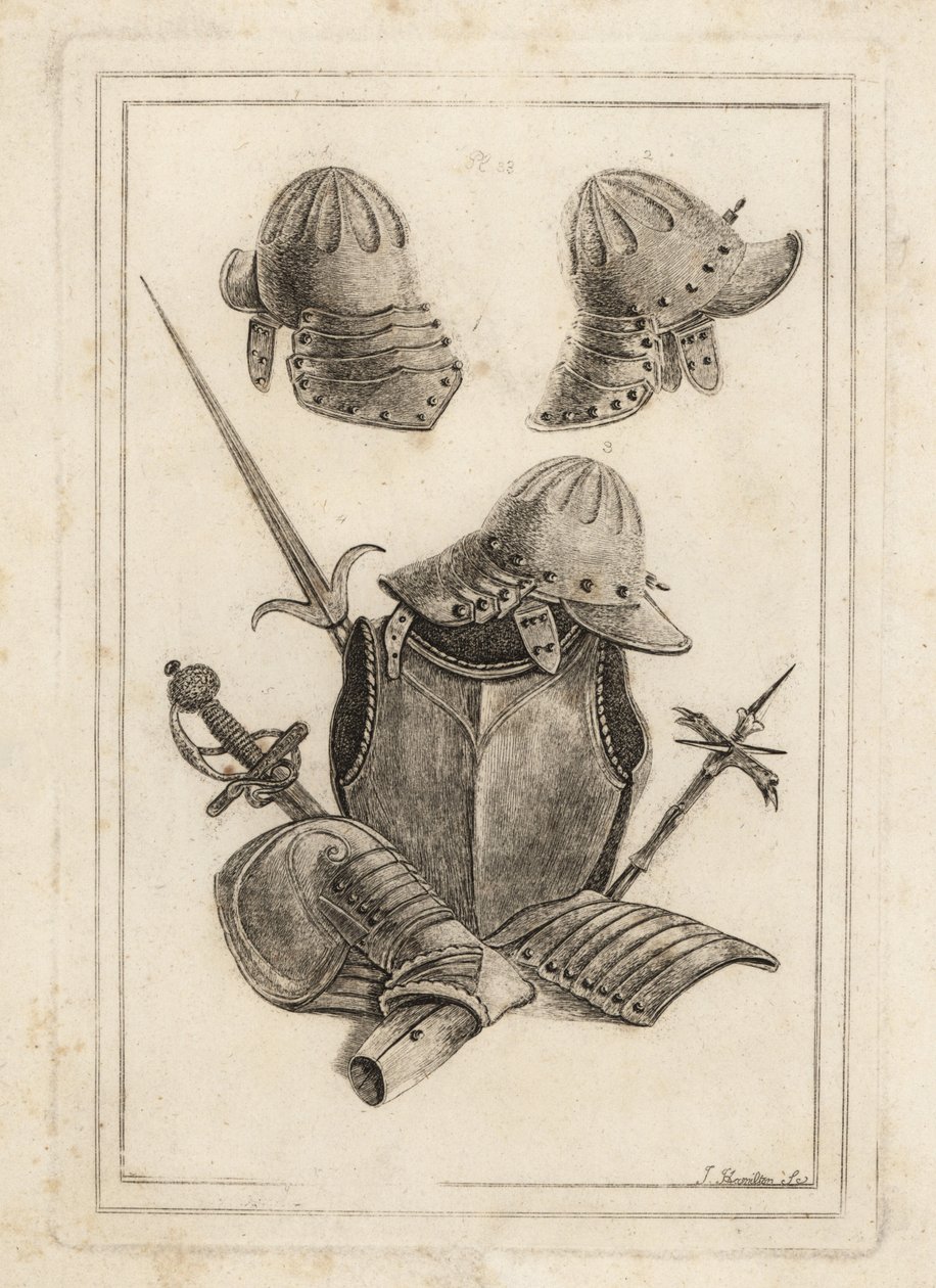 Helm aus einer Rüstung aus der Zeit von König Karl I., Brustpanzer, Tassets und Pouldron, Antike Pertuisane, Schwert mit Silbergriff und Waffenhammer aus dem Tower of London von Unbekannt