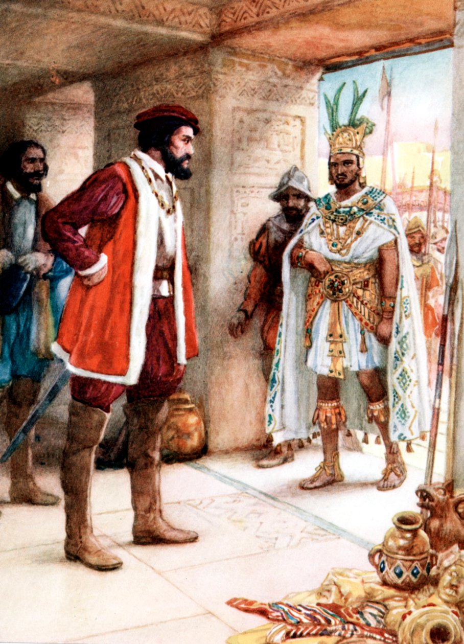 Hernan Cortes trifft den Aztekenkaiser Montezuma, 1519 von Unbekannt