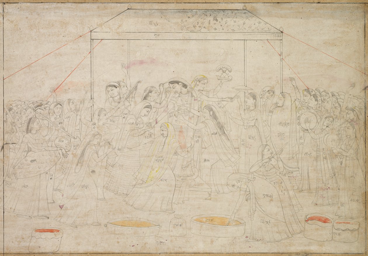 Hindu-Gott Krishna wird für das Frühlingsfest Holi in Frauenkleider gehüllt, c. 1790 von Unbekannt
