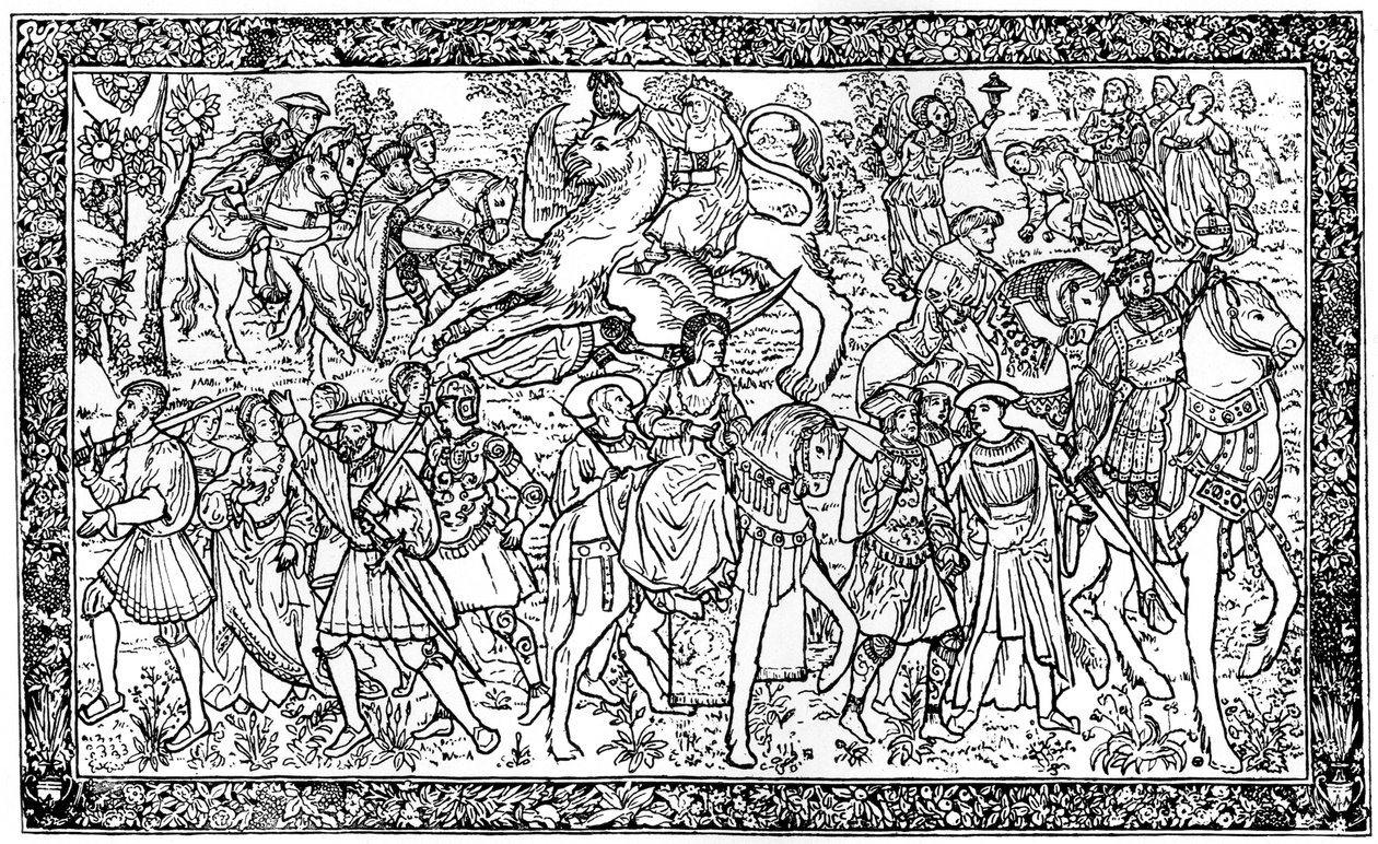 Historische und allegorische Figuren, Wandteppich im Hampton Court Palace, Richmond, London, 1930 von Unbekannt