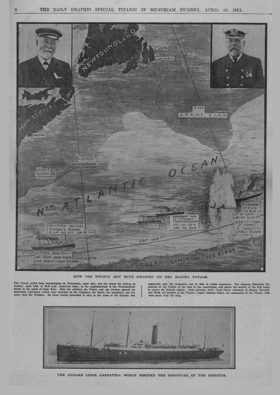 Wie die Titanic auf ein Unglück traf..., und der Cunard-Liner Carpathia..., 20. April 1912 von Unbekannt