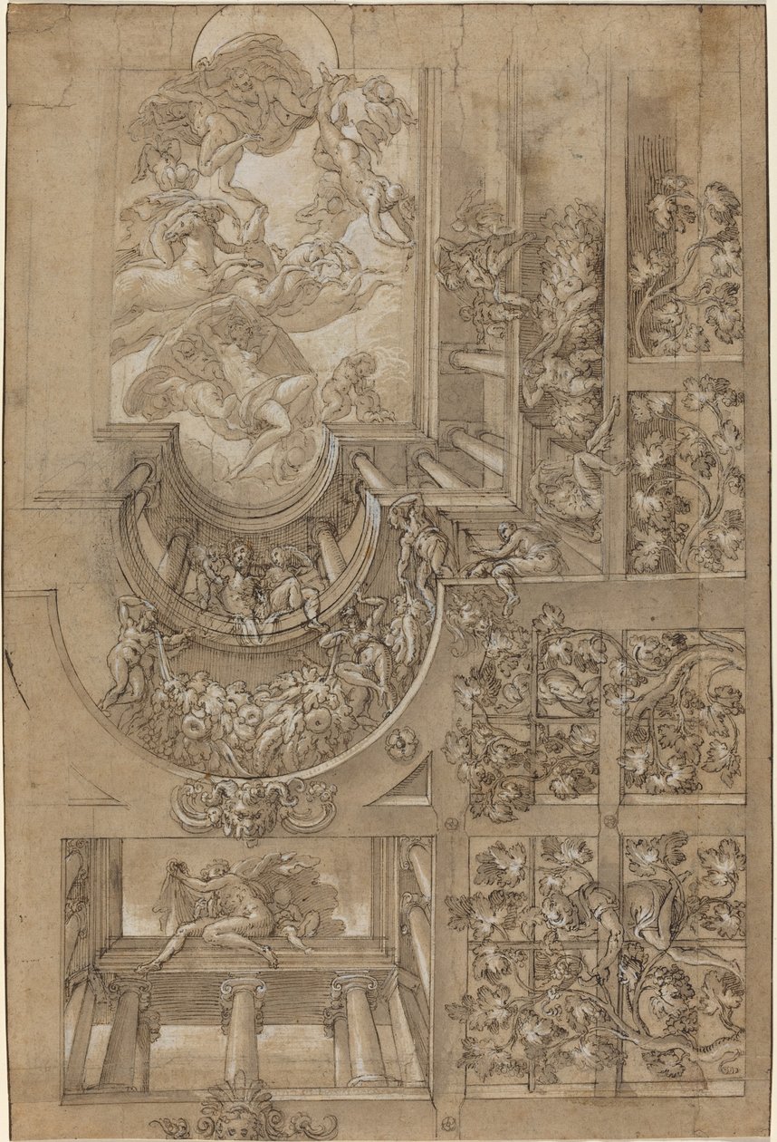 Illusionistische Decke mit einem Weinlaubengang, Figuren auf Galerien und einem zentralen... von Unbekannt