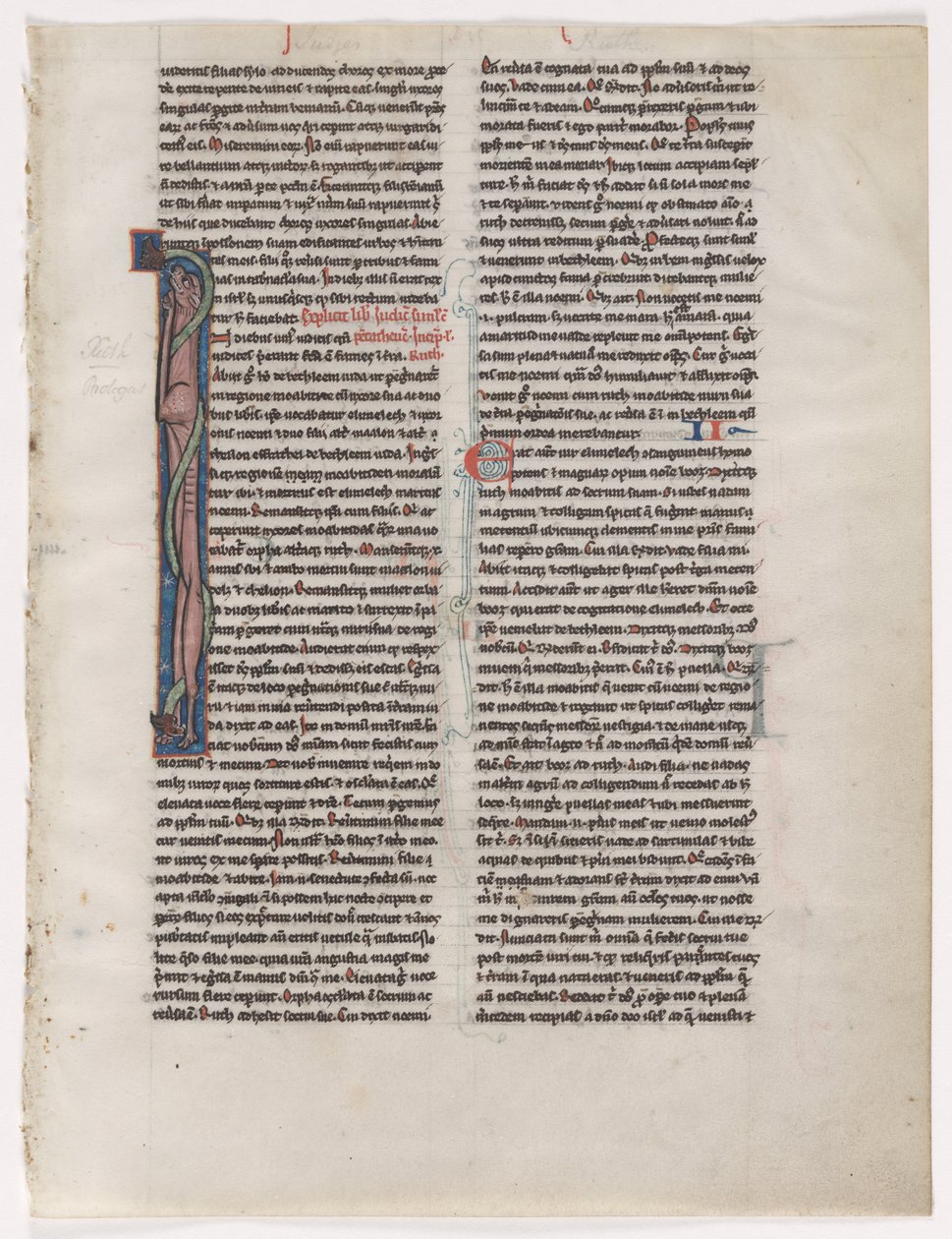 Initiale I: Verschlungene Bestie und Schlange: Blatt aus einer Bibel, 2 von 2 ausgeschnittenen Blättern, ca. 1225-1250 von Unbekannt