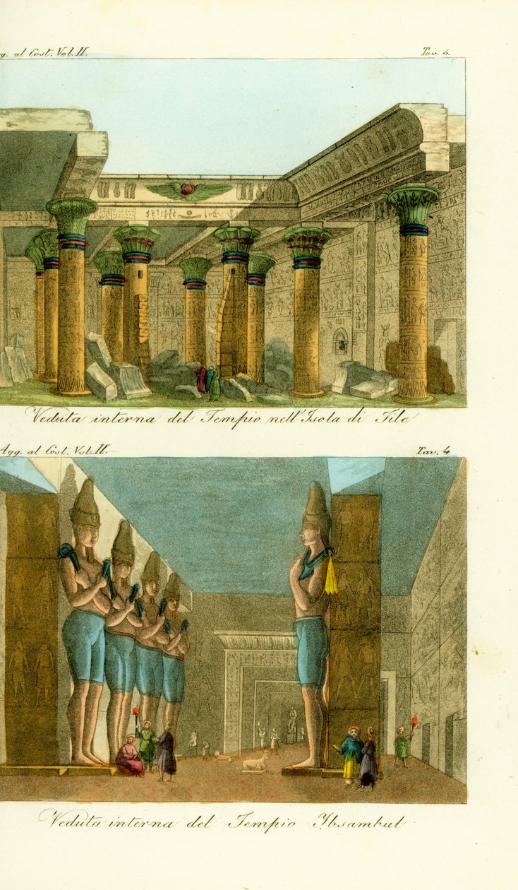 Innenraum des Tempels der Isis auf der Insel Philae, Nubien, und Innenraum des Großen Tempels von Ramses II in Abu Simbel (Ibsambul), Nubien von Unbekannt