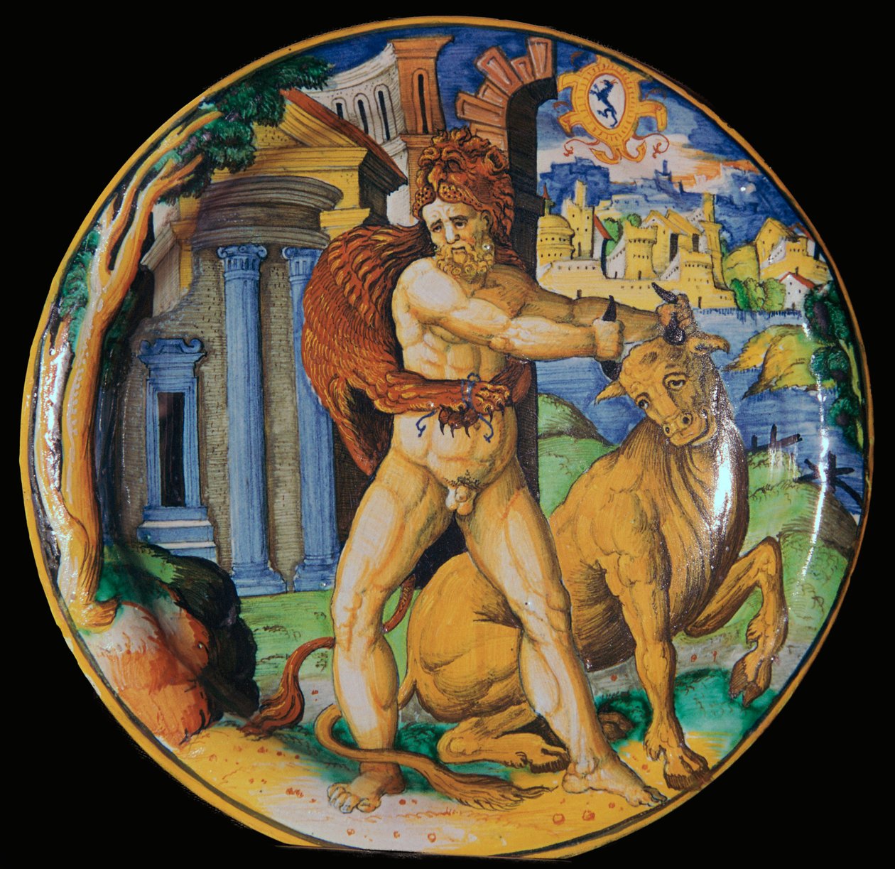 Italienischer Irdenware-Teller mit einem Bild von Herkules und dem kretischen Stier, 16. Jahrhundert von Unbekannt