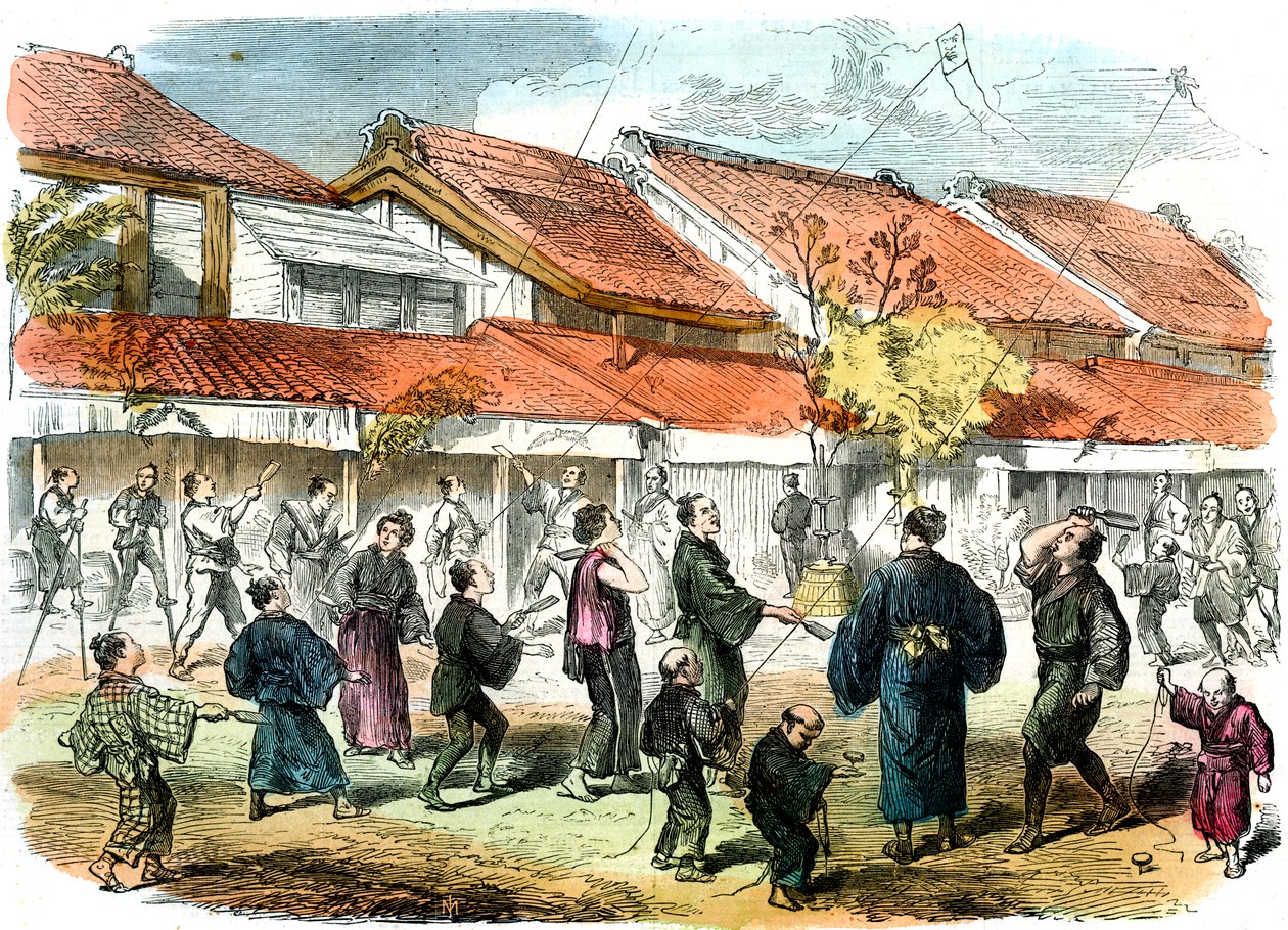 Japanisches Federballspiel auf den Straßen von Yokohama, 1865 von Unbekannt
