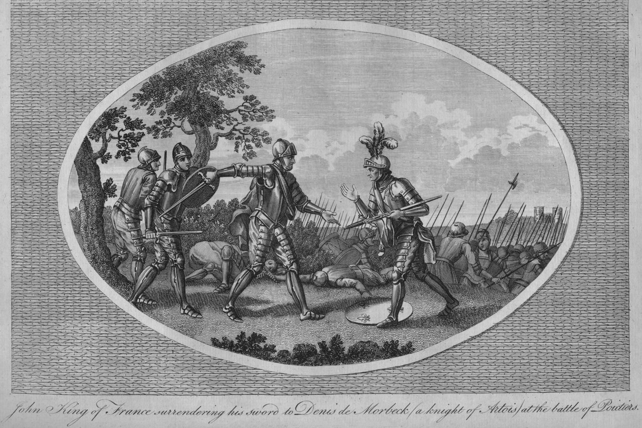Johann II. von Frankreich übergibt sein Schwert an Denis de Morbeck in der Schlacht von Poitiers, 1356, 1793 von Unbekannt