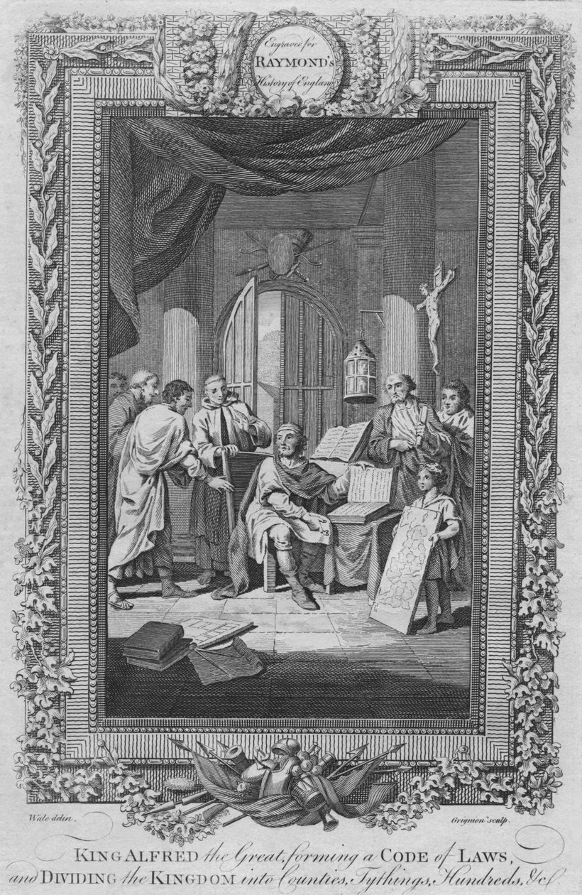 König Alfred der Große, bildet ein Gesetzbuch und teilt das Königreich in Grafschaften, ca. 1787 von Unbekannt
