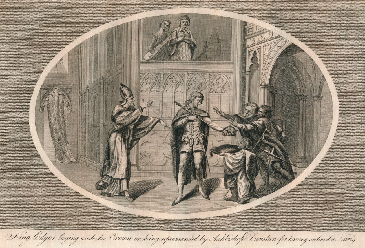 König Edgar legt seine Krone ab, nachdem er von Erzbischof Dunstan gerügt wurde, ca. 960er Jahre, 1793 von Unbekannt