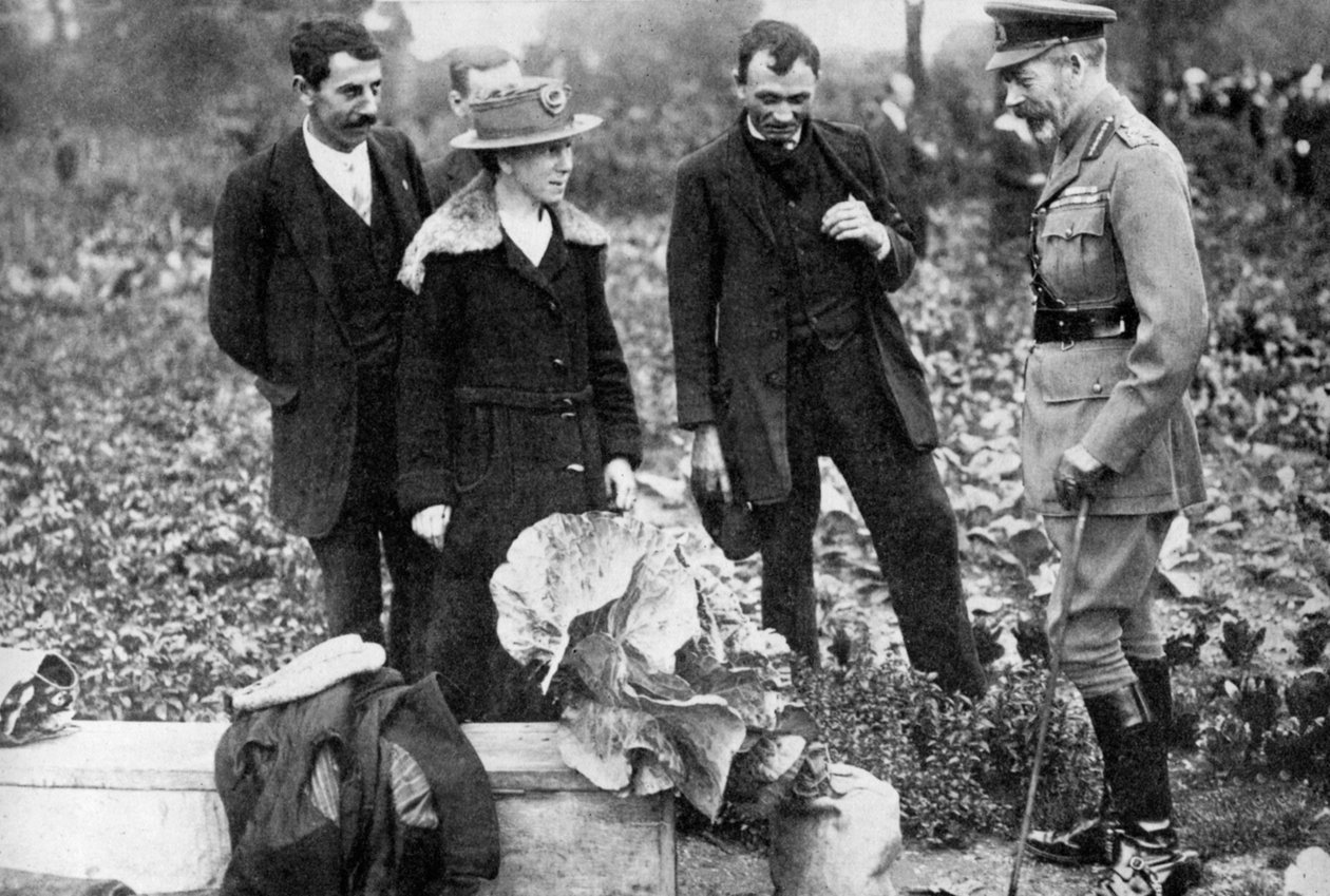 König Georg V. bewundert Schrebergärten auf dem Clapham Common, London, ca. 1910er-1920er, 1936 von Unbekannt