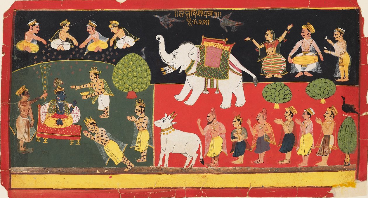 Krishna verehrt von Indra auf einem weißen Elefanten, ca. 1720 von Unbekannt