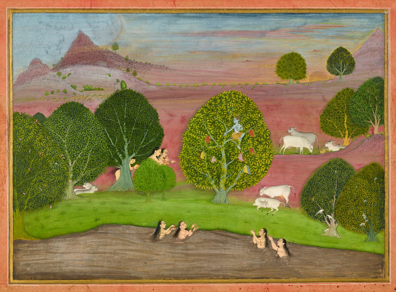 Krishna stiehlt die Kleider der Gopis, Folio aus einem Bhagavata Purana, ca. 1690-1700 von Unbekannt