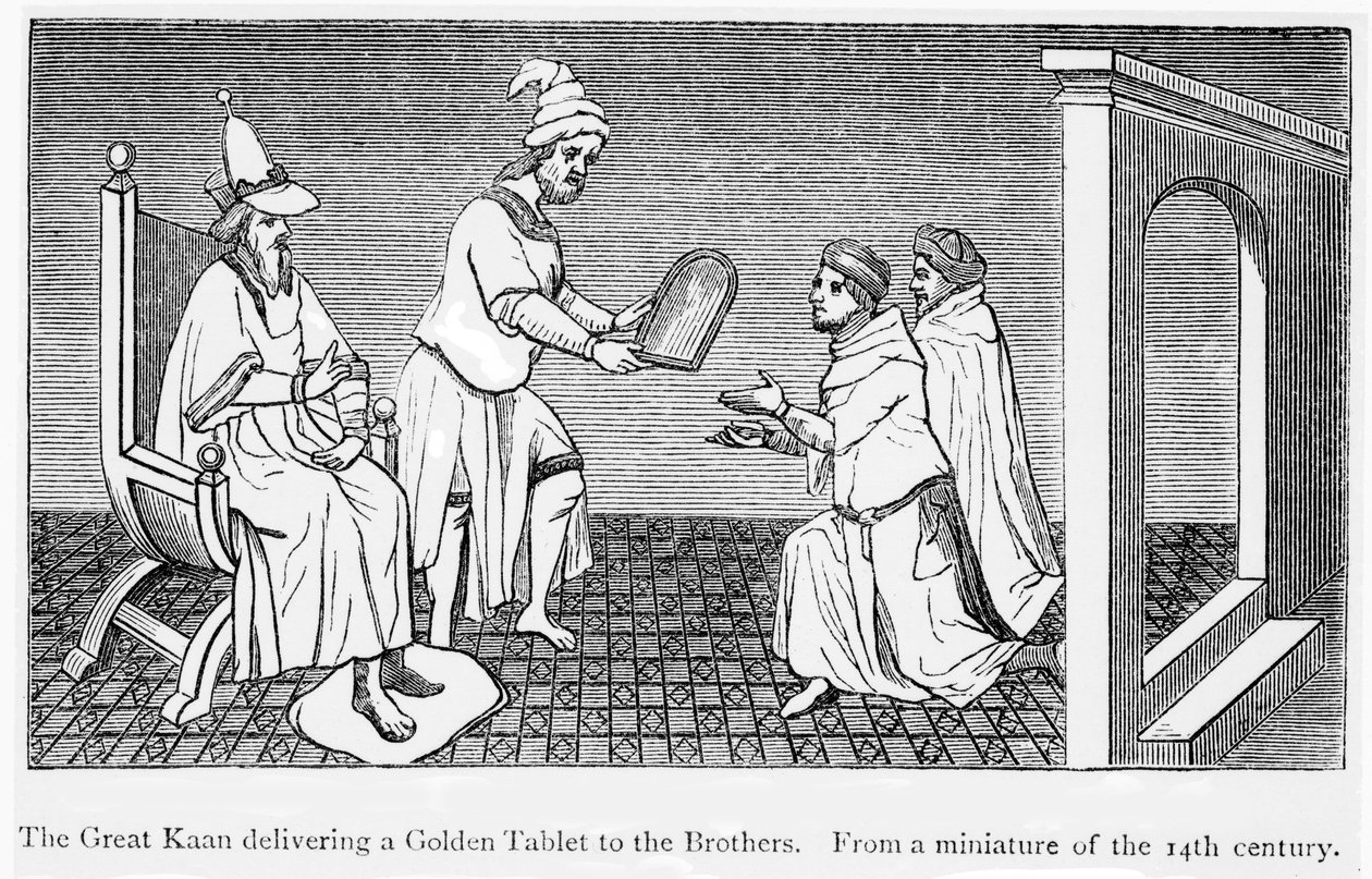 Kublai Khan überreicht Niccolo und Maffeo Polo eine goldene Tafel zur sicheren Durchreise (Gravur) von Unbekannt