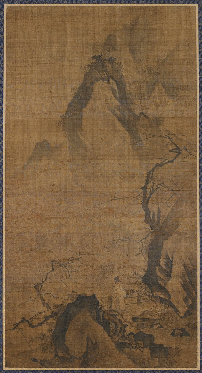 Landschaft: Berg und Wasser, eine Figur unter einem Pflaumenbaum, 16. bis frühes 17. Jahrhundert von Unbekannt