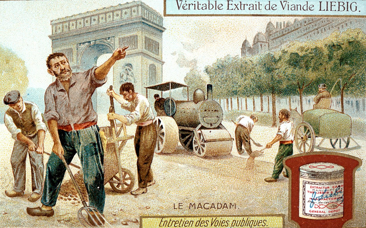 Verlegen einer Makadam-Straßenoberfläche und Verdichten mit einer Dampfwalze, Paris, ca. 1900 von Unbekannt