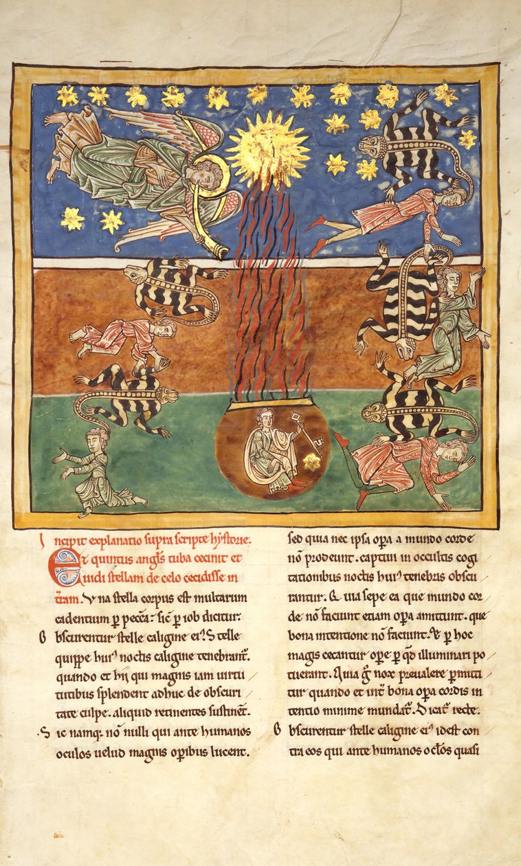 Blatt aus einem Beatus-Manuskript: Beim Klang der fünften Engelsposaune..., ca. 1180 von Unbekannt