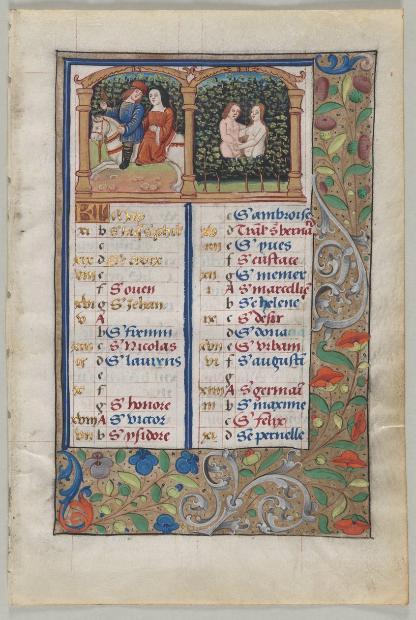 Blatt aus einem Stundenbuch: Kalenderseite für Mai recto und Kalenderseite für Juni, ca. 1510 von Unbekannt