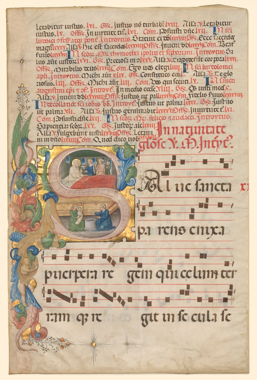 Blatt aus einem Graduale: Historisierte Initiale S[alve Sancta Parens] mit Geburt der Jungfrau recto, ca. von Unbekannt