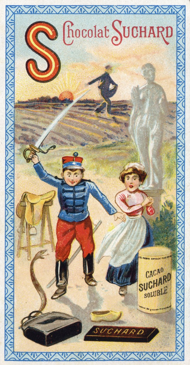 Buchstabe S: Sonne, Aussaat, Sämann, Diener, Erstaunen, Soldat, Schwert, Sattel, Schlange, Statue, Huf, Tasche. Gravur des Alphabets herausgegeben von Chocolat Suchard, Anfang des 20. Jahrhunderts. 24 Chromolithographien, die Orte, Charaktere und Objekte d von Unbekannt