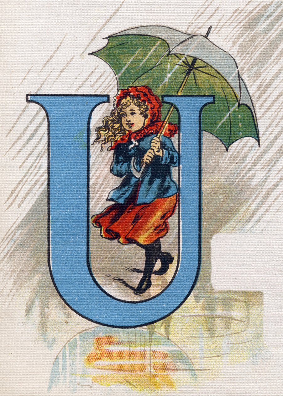 Buchstabe U: Ursula im Regen mit einem Regenschirm. Gravur in "ABC L