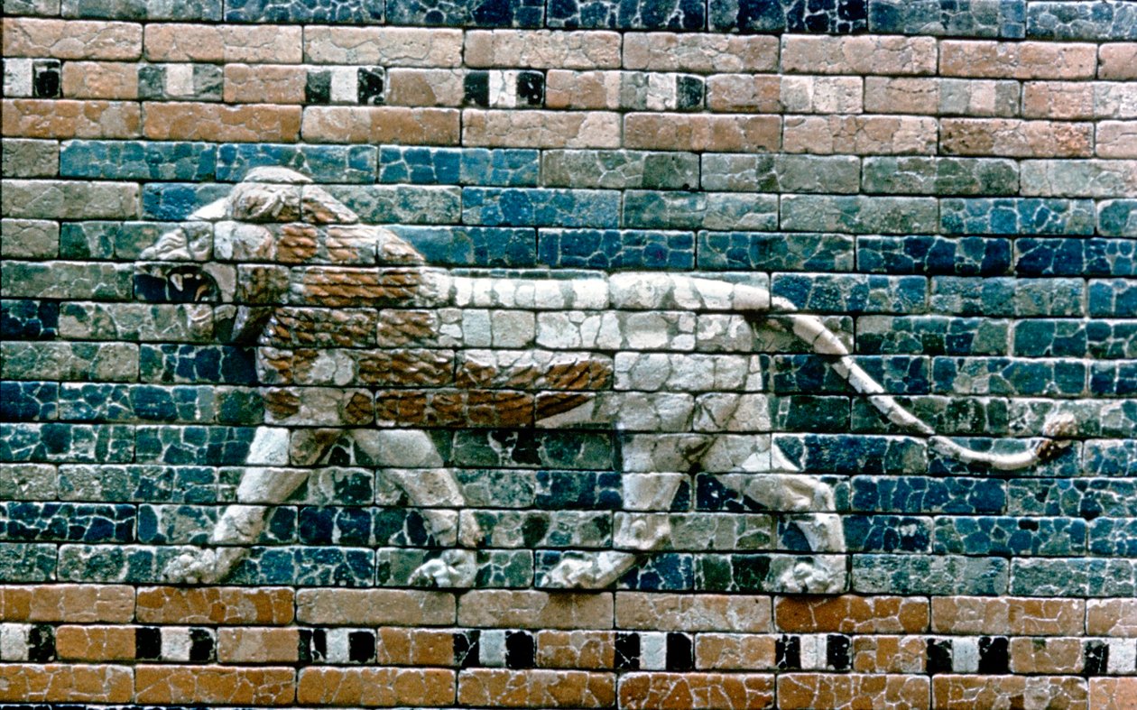 Löwe passant von der Mauer des heiligen Weges zum Ischtar-Tor, Babylon Irak, ca. 575 v. Chr. von Unbekannt