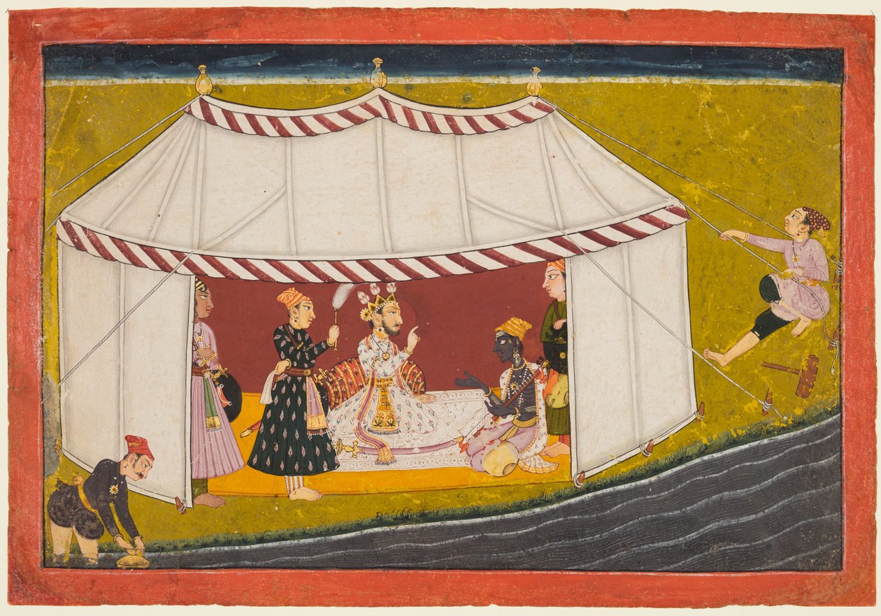 Madhava in einem Zelt vor einem Herrscher, aus einer Madhavanala Kamakandala Serie, um 1700 von Unbekannt