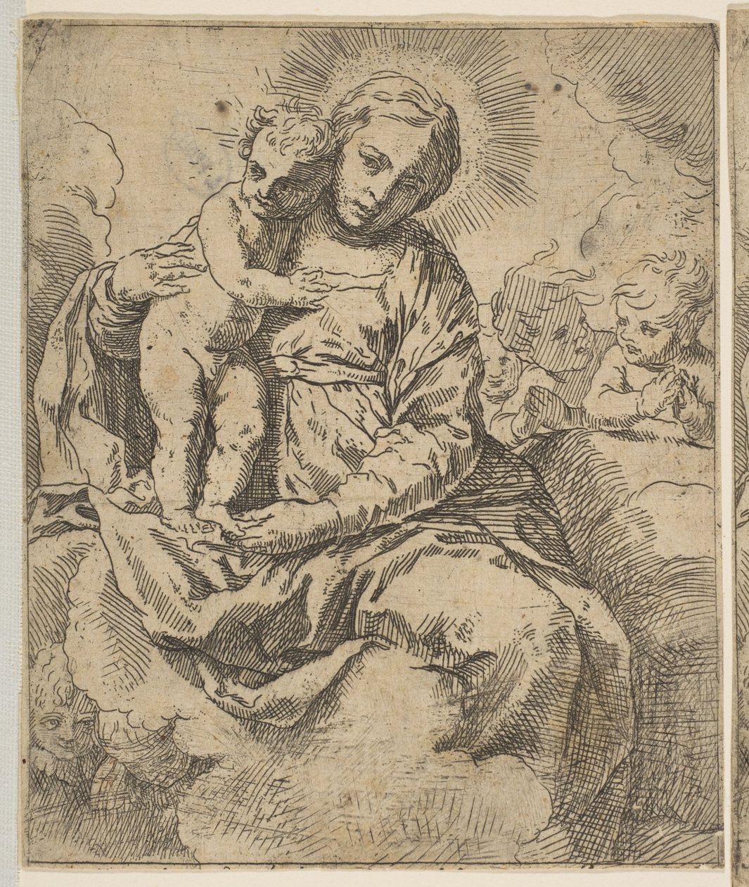 Madonna und Kind auf Wolken sitzend und von Engeln umgeben, Kopie in umgekehrter Richtung, ca. 1639 oder später von Unbekannt