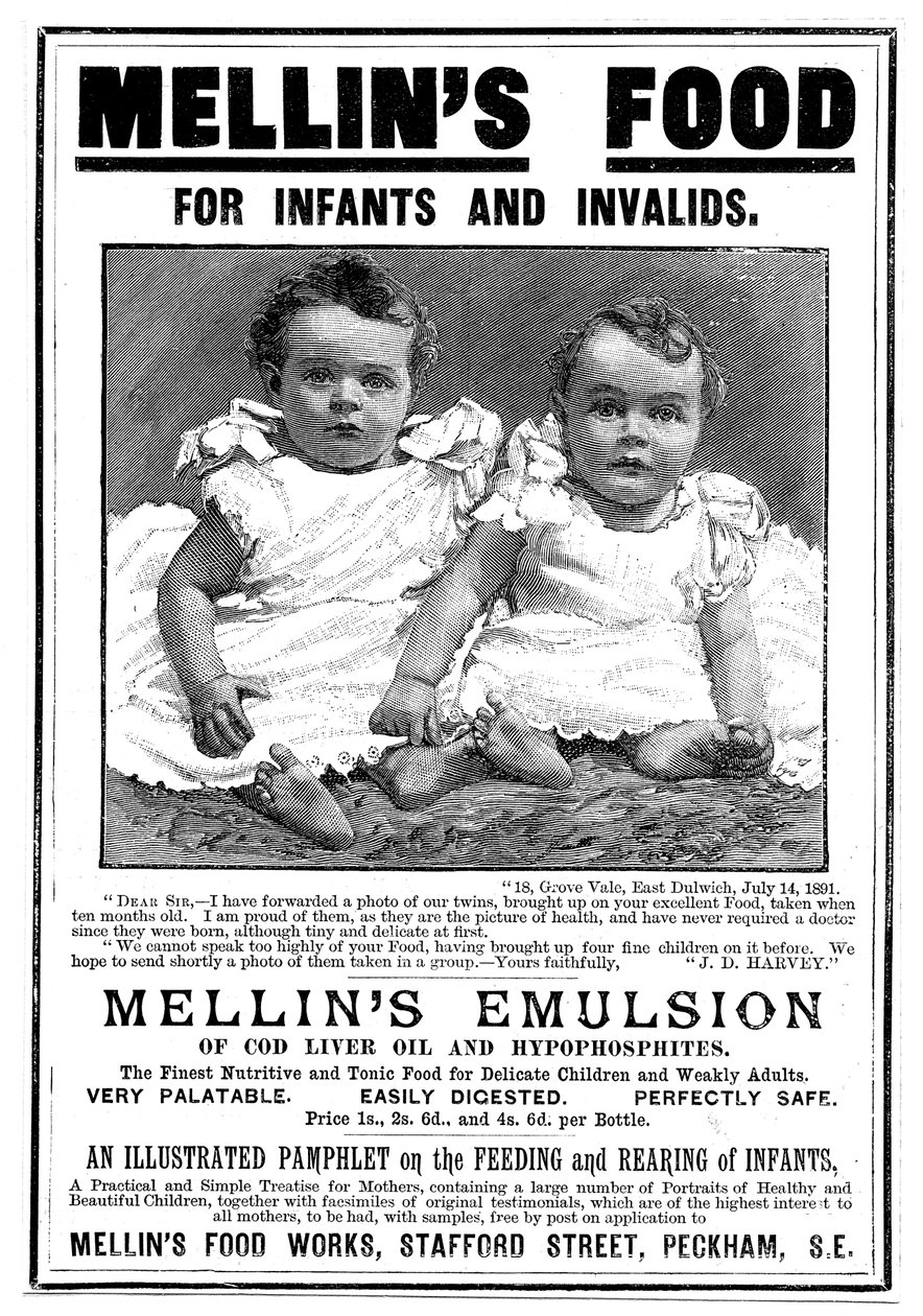 Werbeanzeige für Mellins Emulsion, ein Nahrungsergänzungsmittel auf Basis von Lebertran, um 1890 von Unbekannt