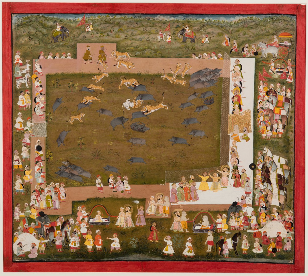 Maharaja Sangram Singh und sein Hof beobachten einen Kampf zwischen Tigern und Wildschweinen in Sadri, um 1720 von Unbekannt