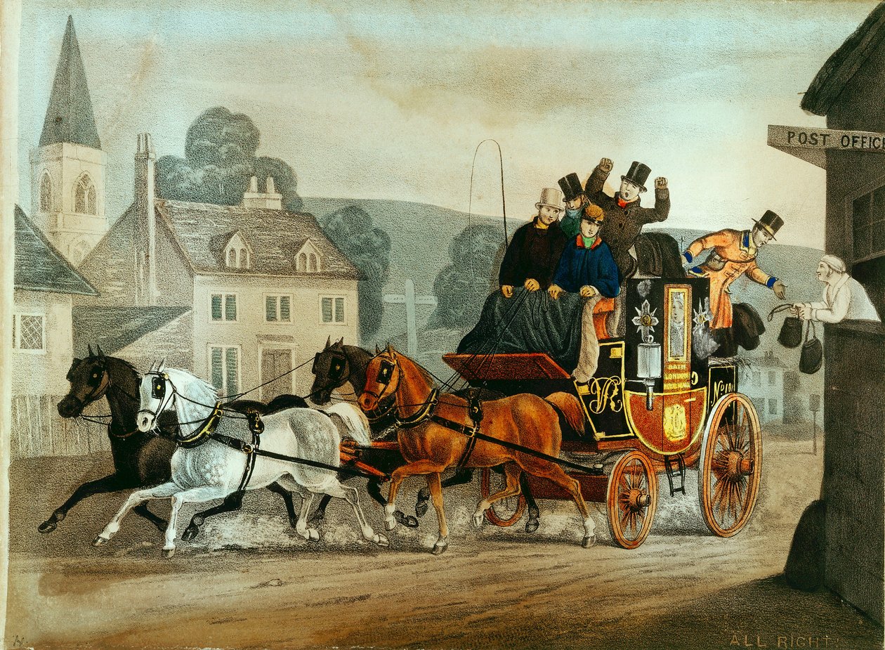 Postkutsche auf der Strecke Bath nach London, ca. 1840 von Unbekannt