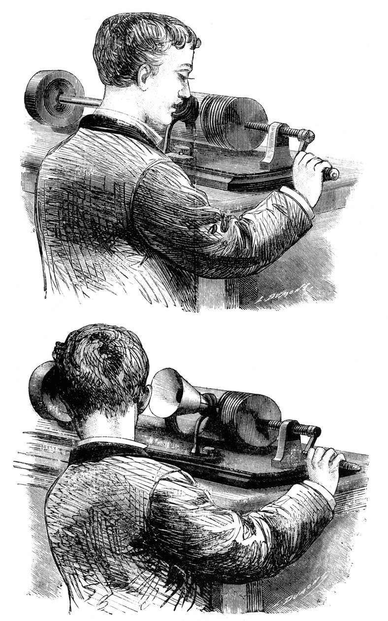 Eine Aufnahme machen und dem ersten Edison-Phonographen zuhören, 1878 von Unbekannt