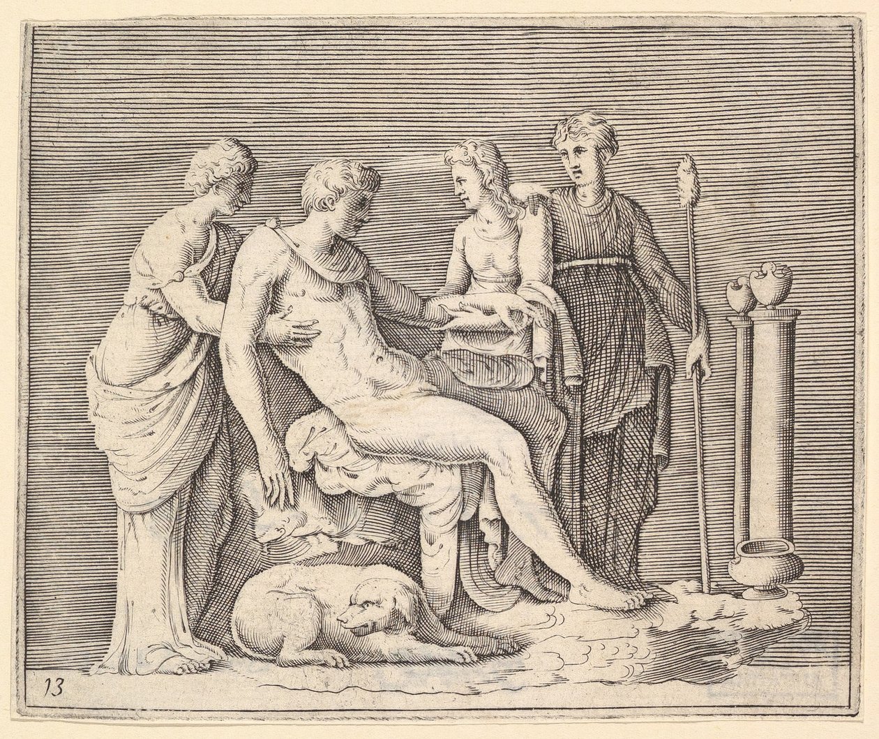 Mann von drei Frauen betreut, veröffentlicht ca. 1599-1622 von Unbekannt