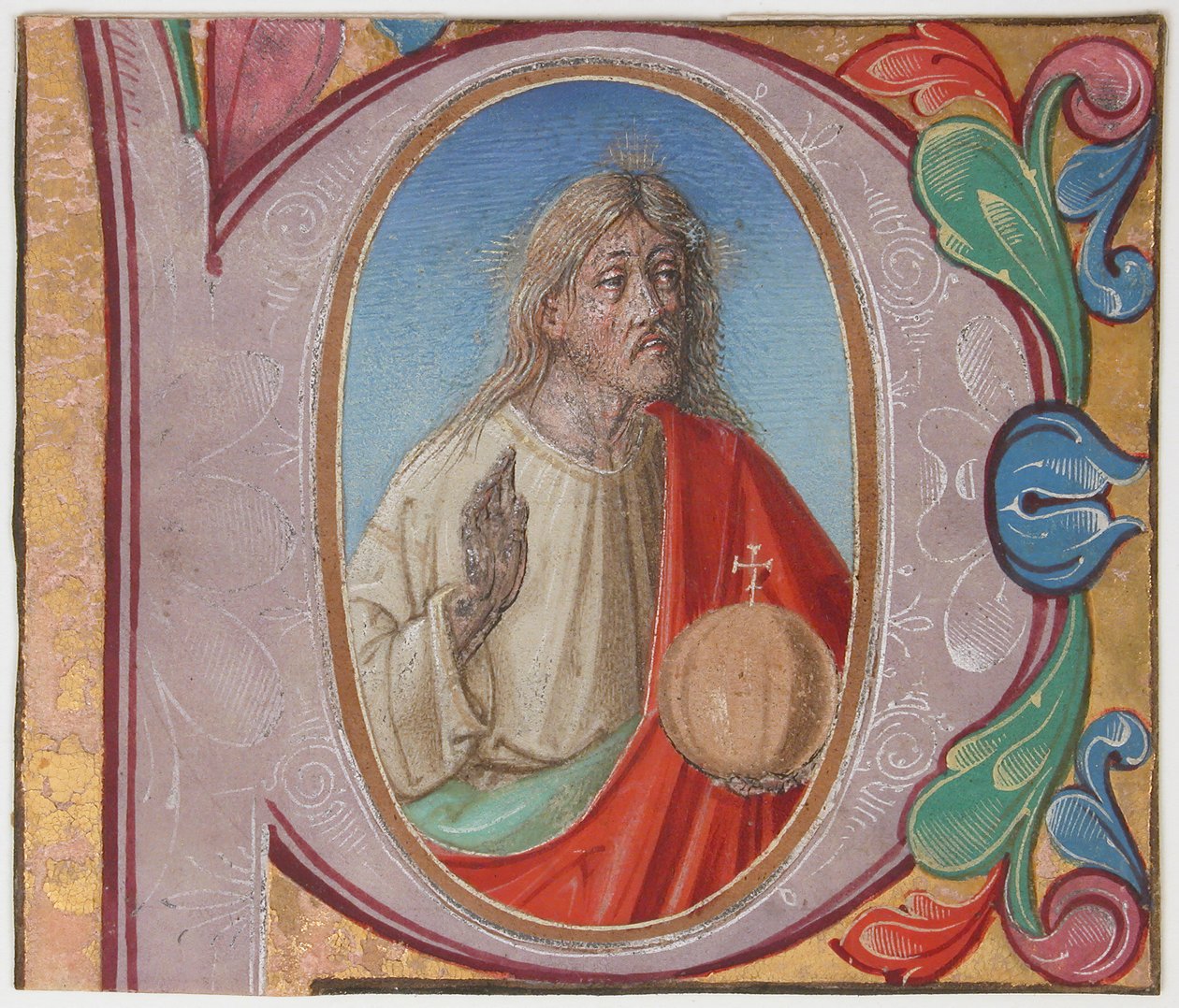 Manuskript-Illumination mit Salvator Mundi in einem Initial P, aus einem Chorbuch, frühes 16. Jahrhundert von Unbekannt