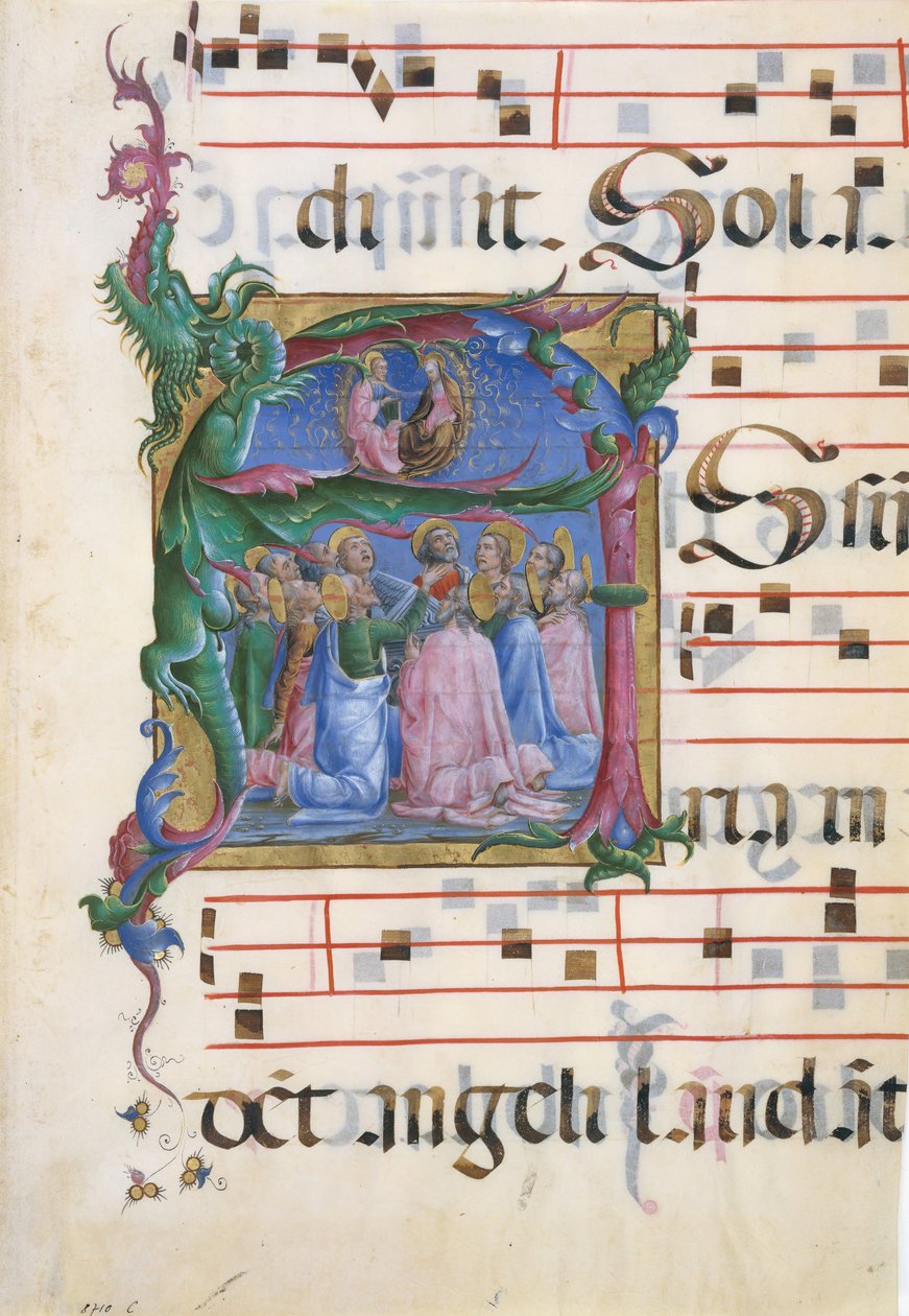 Manuskript-Illumination mit der Himmelfahrt der Jungfrau Maria in einem Initial A, Italienisch, 1450-60 von Unbekannt
