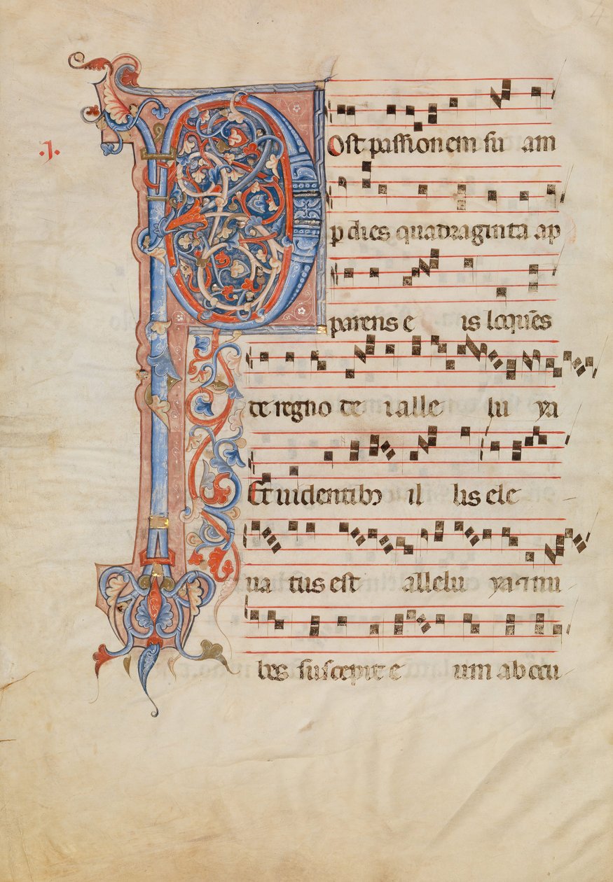 Manuskriptblatt mit verziertem Initial P, aus einem Antiphonar, italienisch, ca. 1250-60 von Unbekannt