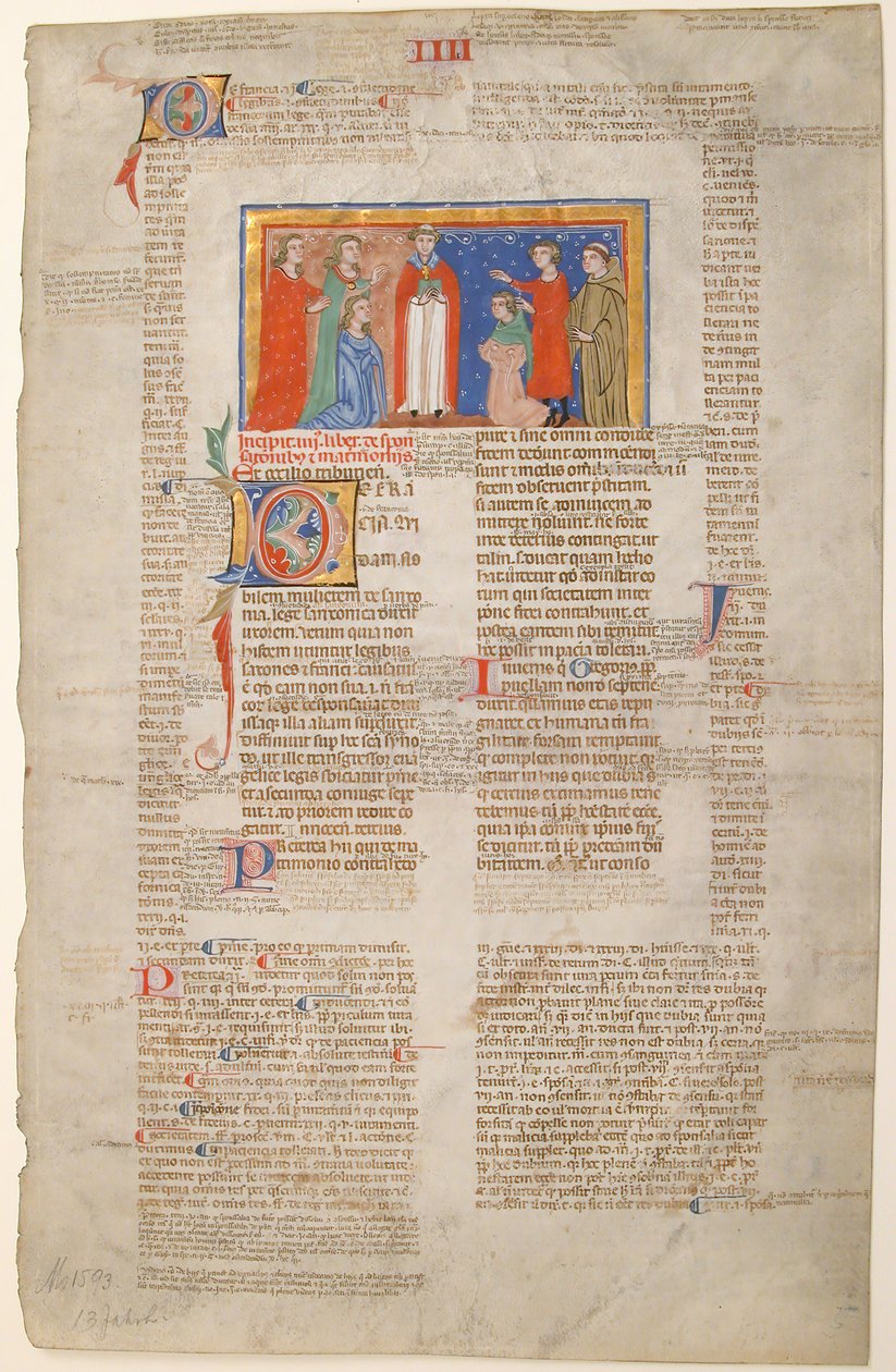 Manuskriptblatt mit Hochzeitsszene, aus den Dekretalen von Gregor IX., italienisch, ca. 1300 von Unbekannt