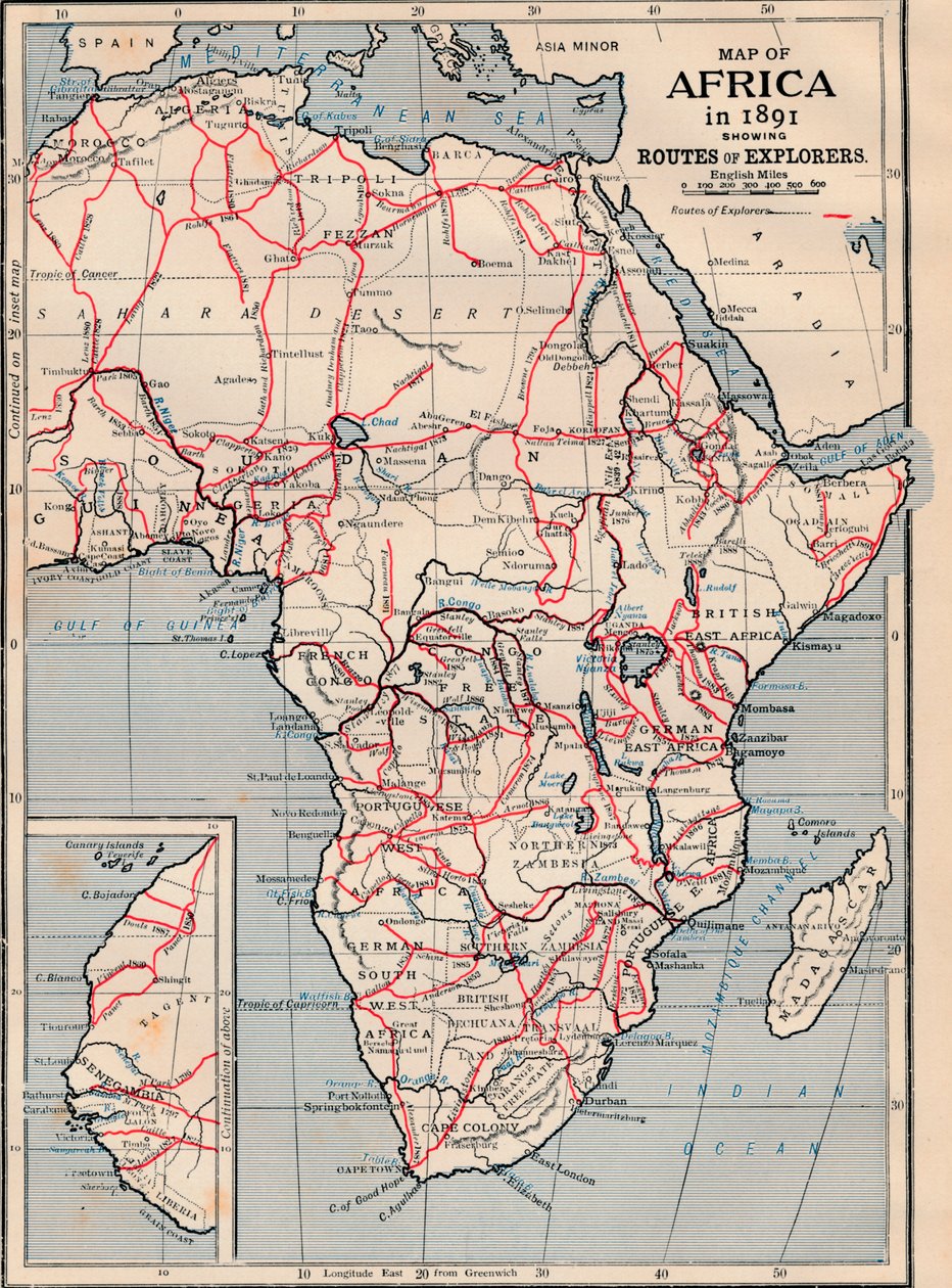 Karte von Afrika im Jahr 1891 mit den Routen der Entdecker von Unbekannt