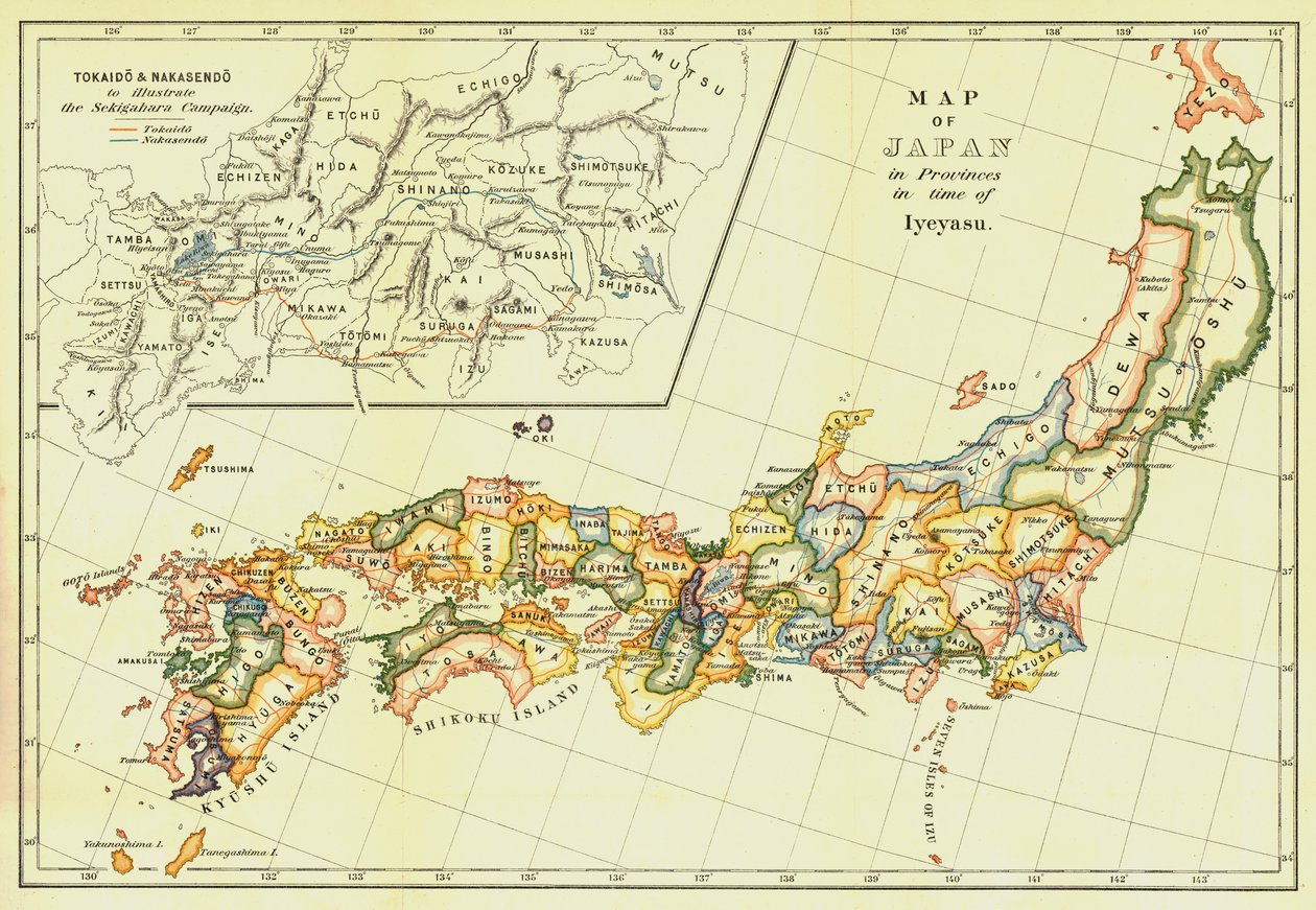 Karte von Japan in Provinzen zur Zeit von Iyeyasu, 1903 von Unbekannt